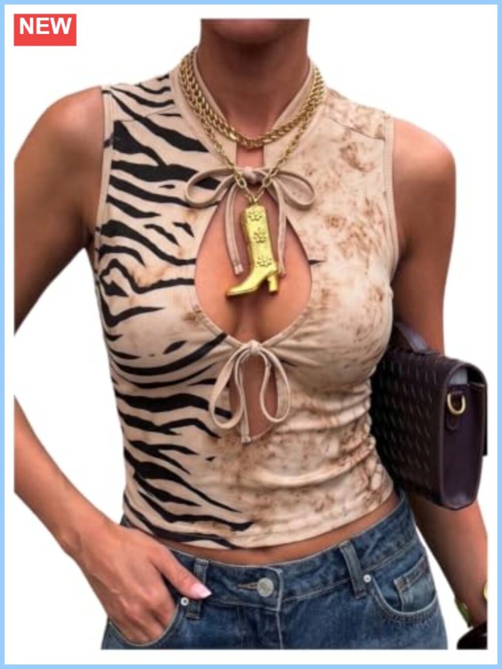Leopard Print Cut Out Mock Neck Tank Top Keyhole Crop